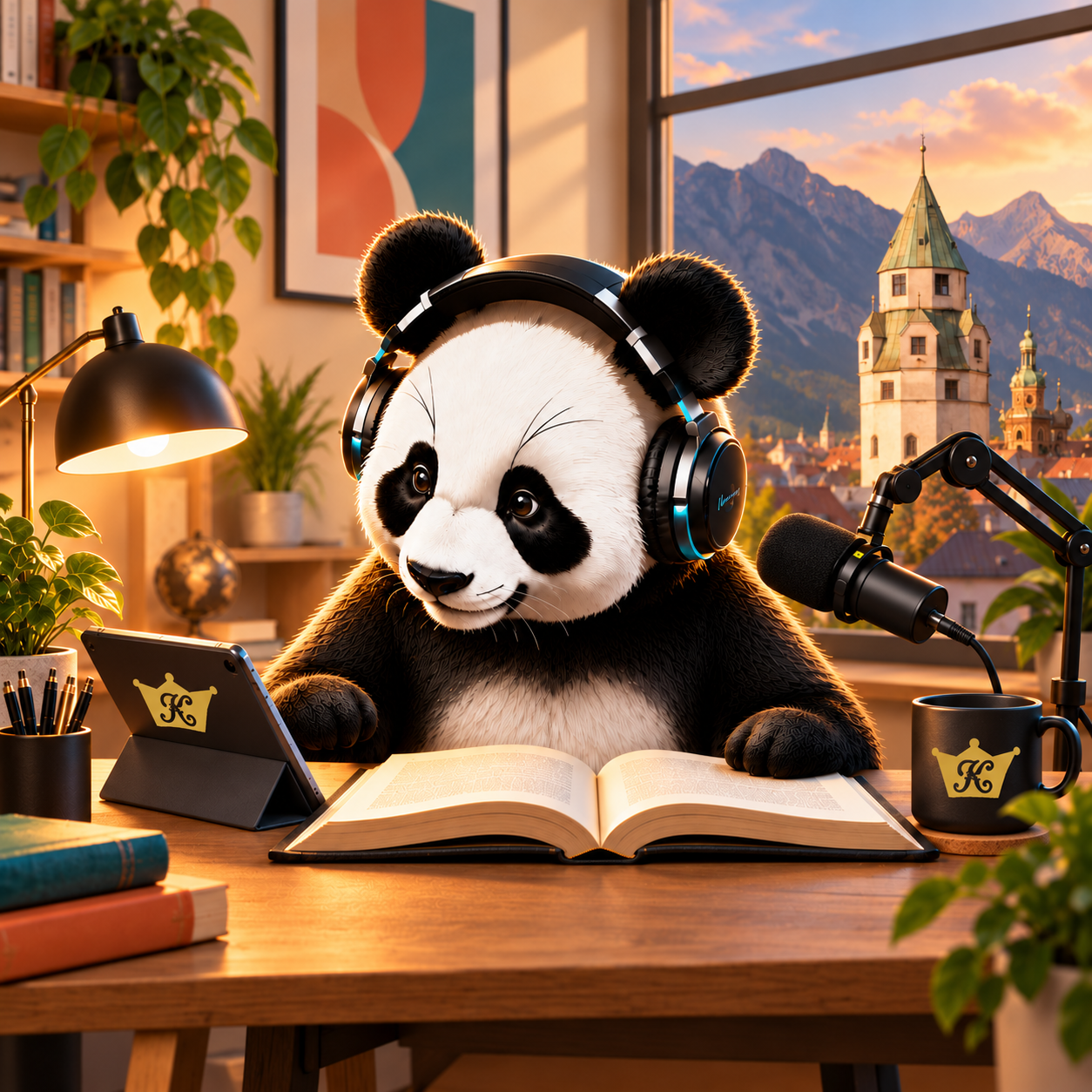 Klodwig der Panda mit Tablet und Podcastmikrofon vor dem Münzturm in Hall